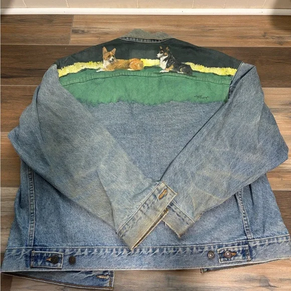 Vintage Denim Jean Jacket with One of a Kind Corgi Mural Masterpiece! - Picture 6 of 11